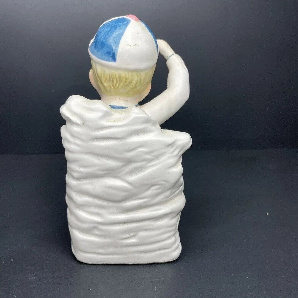 Vintage Boy Wearing Cap Saluting & Sitting Cross‎ Legged Bud Vase White & Blue